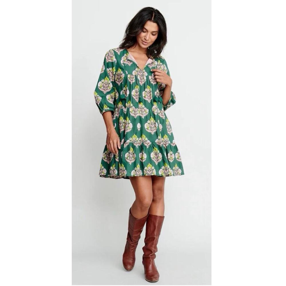 Pink Chicken Indira mini Dress Hunter Green Flower Sz Small boho peasant prairie